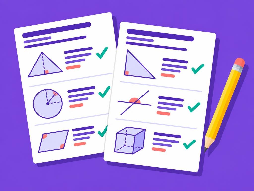 Maths worksheets with diagrams and teal ticks